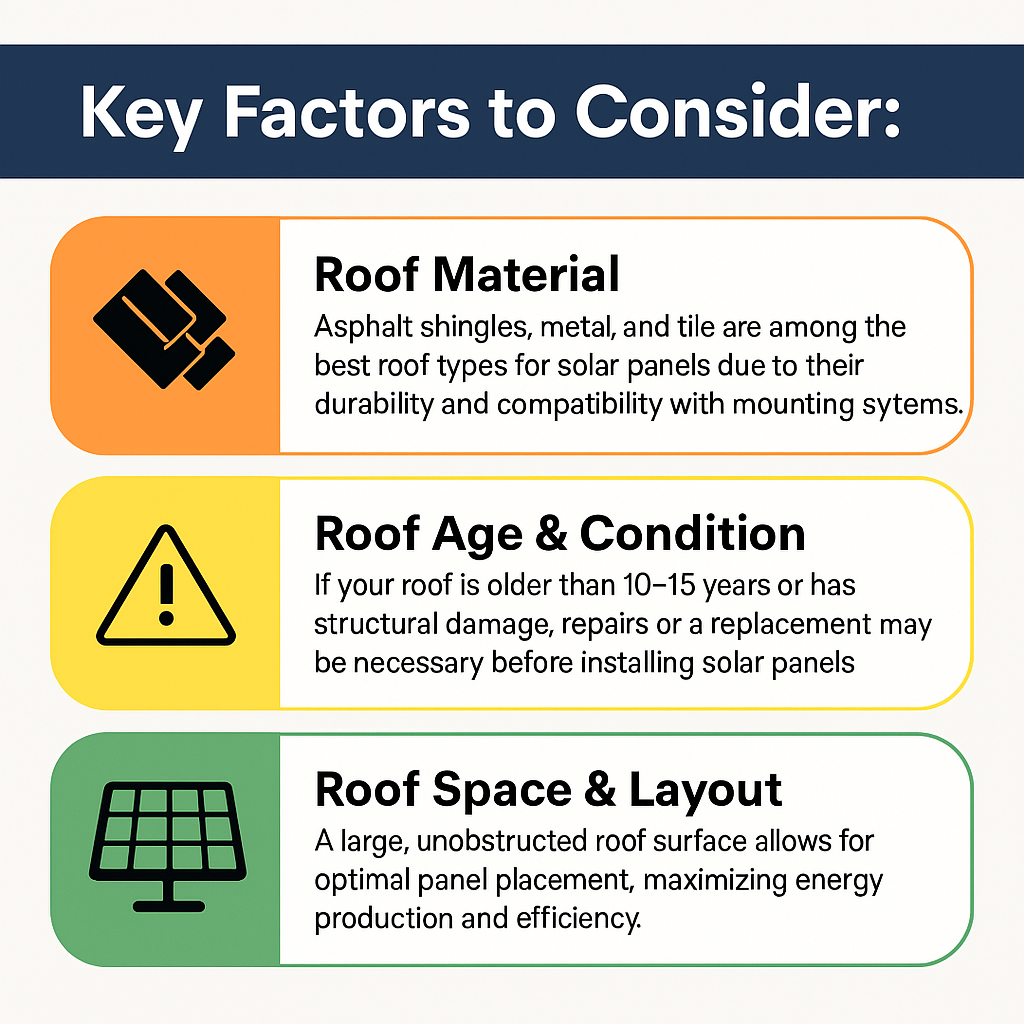 Infographic titled 'Key Factors to Consider' highlighting three key points for solar panel installation: Roof Material (asphalt shingles, metal, and tile), Roof Age & Condition (roof older than 10–15 years may need repair), and Roof Space & Layout (large, unobstructed roof surface recommended). Each section is color-coded with relevant icons.